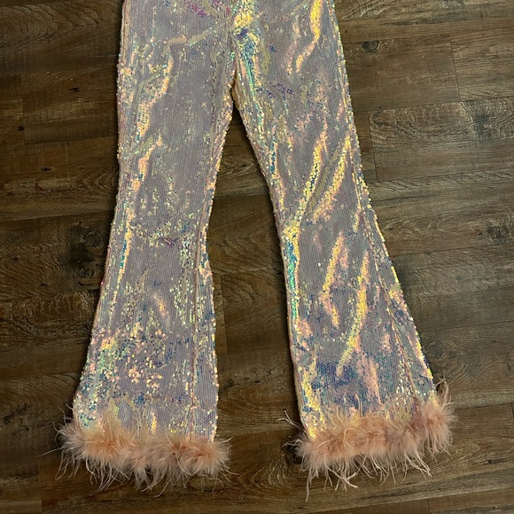 Premium Sequin Feather Trim Flare Pants disco boho party - Picture 11 of 11